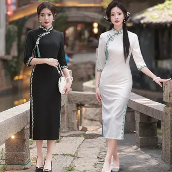 Yourqipao Jeseni Čipke Retro Črno Marelice Cheongsam Eleganten Modni Qipao Tradicionalna Kitajska Obleka, Večerna Obleka za Ženske - Slike 2  