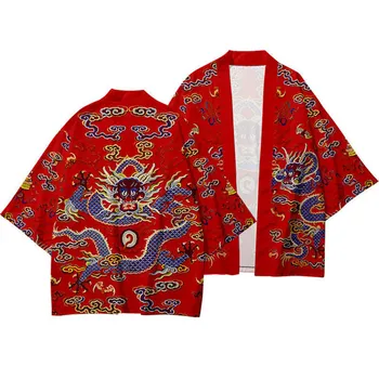 Nov Prihod Japonski Slog Zmaj Tiskanja Tradicionalnih Kimono Moških Yukata Jopico Srajce Cosplay Haori Prevelik Ulične Vrhovi - Slike 2  