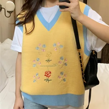 Pulover Priložnostne Majice Ženske Japonski Slog Svoboden brez Rokavov Pletenine Outwear Ootd Ins Harajuku Hotsweet Proti-vrat Mozaik Moda - Slike 2  