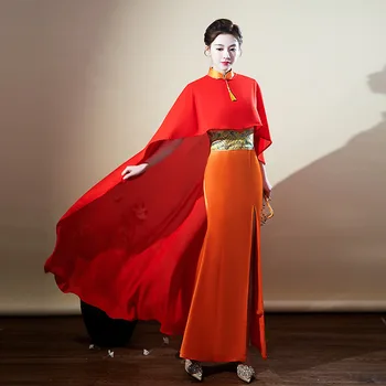 Oranžna Elegantno Cheongsam Seksi Split Qipao Dolge Obleke, Večerne Kitajski Obleko Za Ženske Letnik Orientalskih Kostumov Guzheng Obleke - Slike 2  