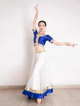 Indijski Obleko Plesna Predstava Oblačila Lengha Choli 3-KOS Določa Swing Krilo Vrhovi Šal Indija Pakistanski Sari Vestido Indiano - Slike 2  
