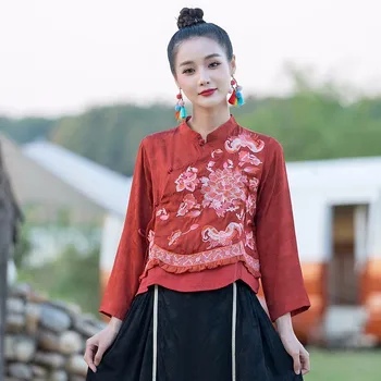 Kitajske Tang bo Ustrezala Majica Ženska Vezenje Nacionalni slog Obleke, Modni Orientalski Letnik Kitajski Vrh Žensk Pomlad Kratek - Slike 2  