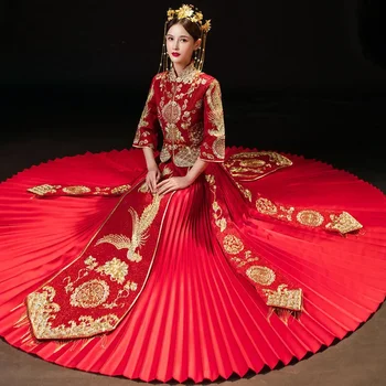 Kitajski Slog Burgundija Cheongsam Lady Rese Qipao Velikosti Plus Velikost Formalno Stranko Obleko Elegantne Poročne Poročno Obleko - Slike 2  