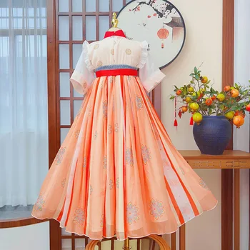 Kitajski Slog Dekleta, Otroci Tradicionalnih Vintage Obleko Ples Kostum Cosplay Oranžna Vezenje Hanfu - Slike 2  