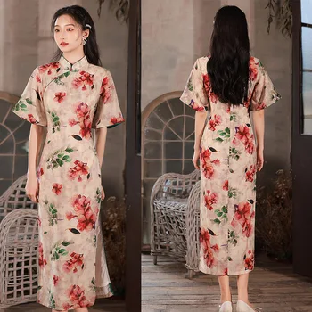 Dolgo Letnik Chongsam Ženske Saten Qipao Elegantno Flare Rokav Kitajski Obleko Cvet Tiskanja Vestidos Moda Izboljšano Banket Obleke - Slike 2  