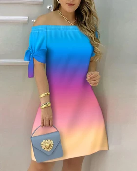 2023 Moda za Ženske Off Ramenski Barvo Mini Obleka Elegantna Poletje Kratek Rokav Čipke-up Priložnostne Kratke Obleke Seksi Vestidos - Slike 2  