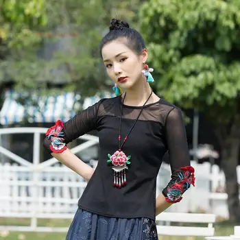 2024 kitajske tradicionalne bluzo izboljšano cheongsam vrh nacionalnih kitajski cvet vezenje očesa srajce orientalski retro bluzo - Slike 2  