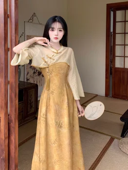 2024 jeseni novi kitajski slog vintage stil pan gumb majica retro pasu temperament cheongsam obleko dva kosa iz dnevne qipao - Slike 2  
