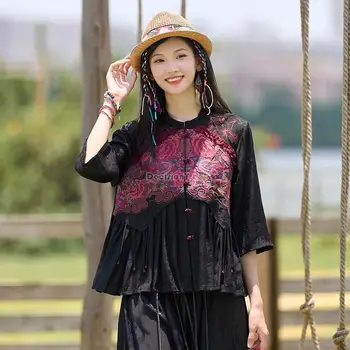 2023 nove ženske kitajski etnični slog vezenega bonitete ovratnik sedem-točka rokavi jakno svoboden retro ženske dnevni kitajski vrh s837 - Slike 2  