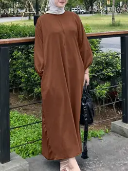 ZANZEA Moda za Ženske Dolgo Puff Sleeve Solid Abaya Sundress Jeseni Muslimansko Obleko Priložnostne Svoboden Ramadana Islamska Oblačila Haljo Femme - Slike 2  
