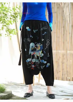 2024 kitajski letnik saten jacquardske bloomers hlače ženske nacionalni samorog vezenje harajuku harem hlače priložnostne vrečasta hlače - Slike 2  