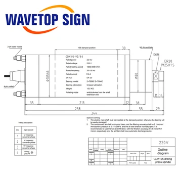 WaveTopSign Konstantni Navor Vretena 3KW 220V 9.6 Chuck ER20 1200-9000rpm 20-150Hz za Kovin Graviranje in Rezanje - Slike 2  