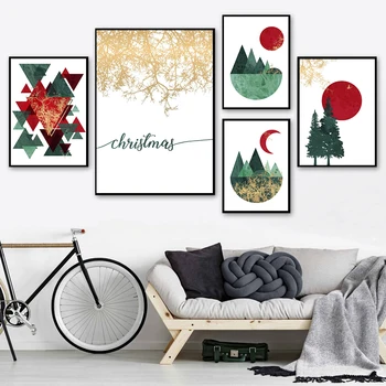 Platno Slikarstvo Nordijska Božič Wall Art Okraski Plakati Zimska Zelena Drevesa, Sonce, Luna Tiskanja Moderna Dnevna Soba Dekor Slike - Slike 2  