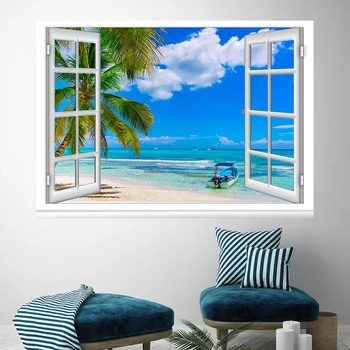 Pokrajina Sunset Beach Prikaz Okna 3D Učinek Platno Slikarstvo Seascape Plakatov in Fotografij Wall Art Slike Doma Dekor Brez Okvirja - Slike 2  