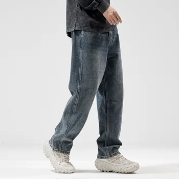 Japonski trend retro mozaik širok noge dolge hlače za moške jeseni in pozimi prevelik demin Casual kavbojke vrečasta jeans za moške - Slike 2  