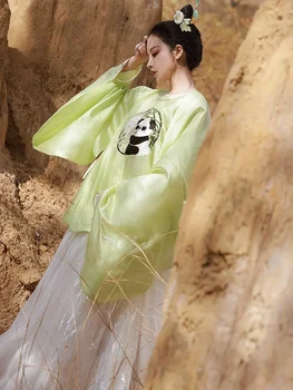 Ming Kitajski Zeleni Hanfu Panda Vezenje Okrogle Ovratnik Mandarin Obleke za Ženske Nadlak Ropa Tradicionalna Kitajska Hombre Krilo - Slike 2  