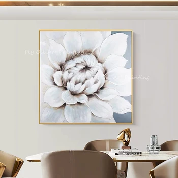 Sodobna beli cvet, debel velika velikost kvadratnih sliko olje platno slikarstvo povzetek seje soba jedilnica steno ni okvir - Slike 2  