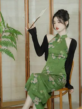 Kitajski Obleko Qipao Tradicionalne Ženske Zelena Split Klasične Cheongsam Chi-pao 2023 Elegantni Viseči Vratu Luksuzno Obleko - Slike 2  