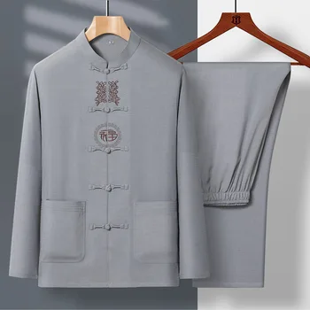 Tang bo Ustrezala Moški Vrhovi Jopiči Kung Fu Tai Chi Master Kostum Dolgo Oplaščeni Coats Sopihanje Nastavite 2023 Spomladi in Jeseni Novo Kitajsko Obleko - Slike 2  
