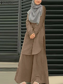 ZANZEA Eid Mubarek Ramadana Turčija Hlače, Obleke 2PCS Jeseni Širok Noge Sopihanje Določa Ženske Priložnostne Svoboden Muslimanskih Postavlja Trdne Outifits - Slike 2  