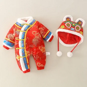 Kitajsko Novo Leto Rojstva Toplo Rdeče Obleke iz Enega kosa Romper Tiger Glavo Klobuk Tang Obleko za Baby Boy Girl Zgostitev igralne obleke Darilni Set - Slike 2  