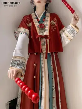 Original Pozimi Hanfu Ming Dinastija Žensk Konj Obraz Krilo Dolgo Obleko Traje Chino Mujer Kitajsko Novo Leto Ženske Oblačila - Slike 2  