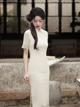 Izboljšano Mandarin Ovratnik Cheongsam Elegantno Marelice, Vezenje Ženske Retro Dnevno Qipao Stranka Obleko - Slike 2  
