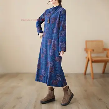 2024 kitajski vintage obleko izboljšano qipao nacionalni cvet tiskanja runo, obložene qipao etnične bombaž perilo, obleko orientalski cheongsam - Slike 2  