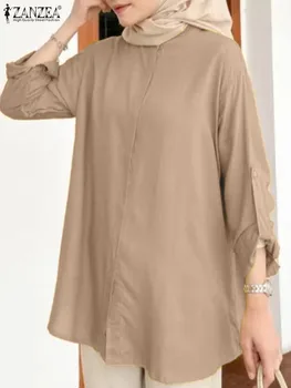 Jeseni Mode Trdna Bluzo ZANZEA Muslimanskih Žensk Vrhovi Priložnostne Dolg Rokav Gumbi Navzdol Rokavi Dubaj Turčija Bluze IsIamic - Slike 2  