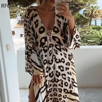 Ženske obleke Cheetah Tiskanja Čipke-up Visoke Režejo Obleko Maxi Maxi obleke za Ženske - Slike 2  