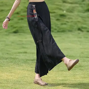 2024 kitajski letnik hlače cvet vezene hlače ženske tradicionalno širok noge hlače nacionalni rese etnične folk dolge hlače - Slike 2  