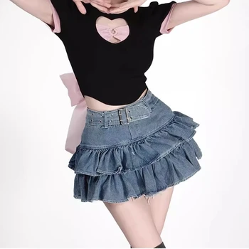 DEEPTOWN Kawaii Jean Krilo, Hlače Ženske korejski Moda Visoko Pasu A-linijo Pasu Mozaik Srčkan Ruffles Jeansa Mini Krilo Poletje - Slike 2  